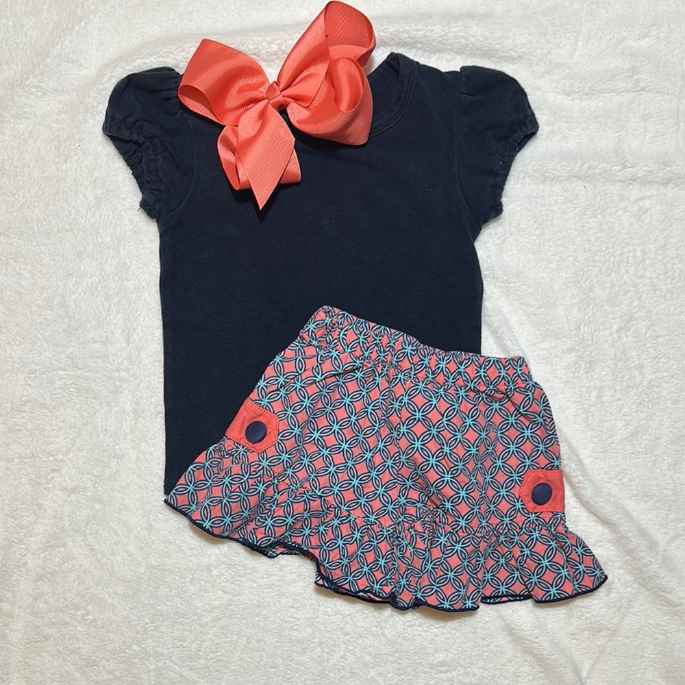 EUC Sage & Lilly patterned coral, navy & teal ruffle faux skirt short set 12Mo